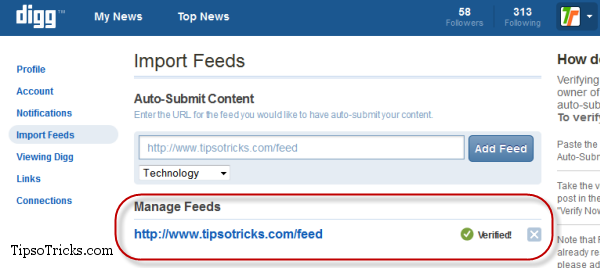 How to import and Verify feed in Digg