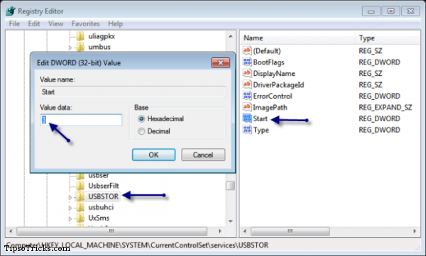 Disable USB Ports through Registry Editor