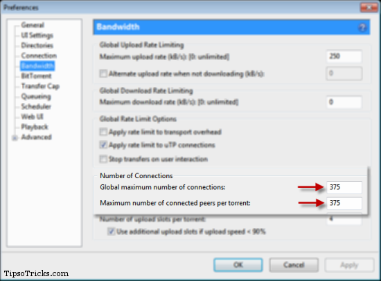 uTorrent Number of Connection Settings