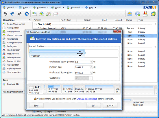 EASEUS Partition Master Resize Drive