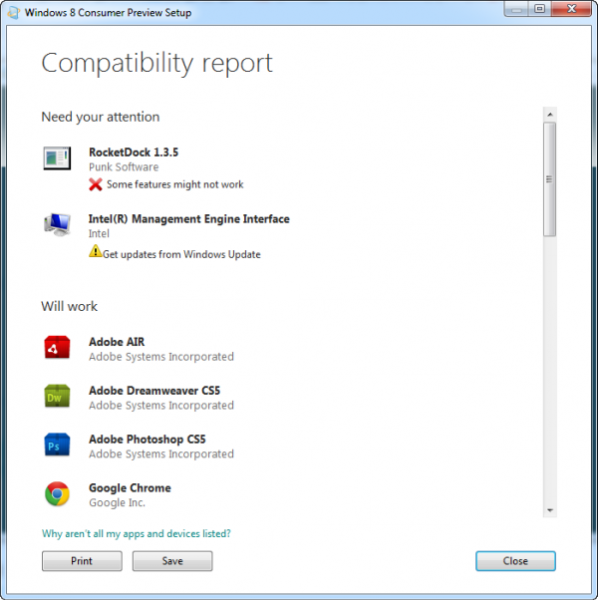 Windows 8 compatibility tool report