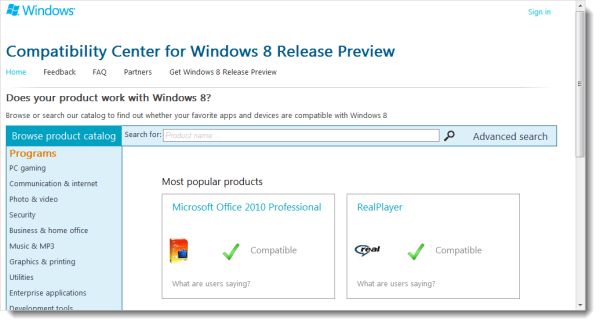 Windows 8 Compatibility Center