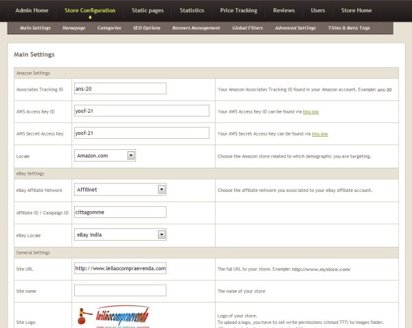 Store Configuration Main Settings